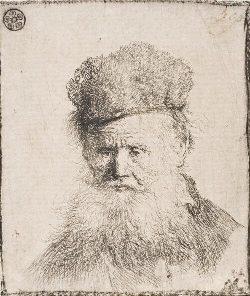 Bust of an Old Man with a Fur Cap and Flowing Beard, Nearly Full Face, Eyes Direct
